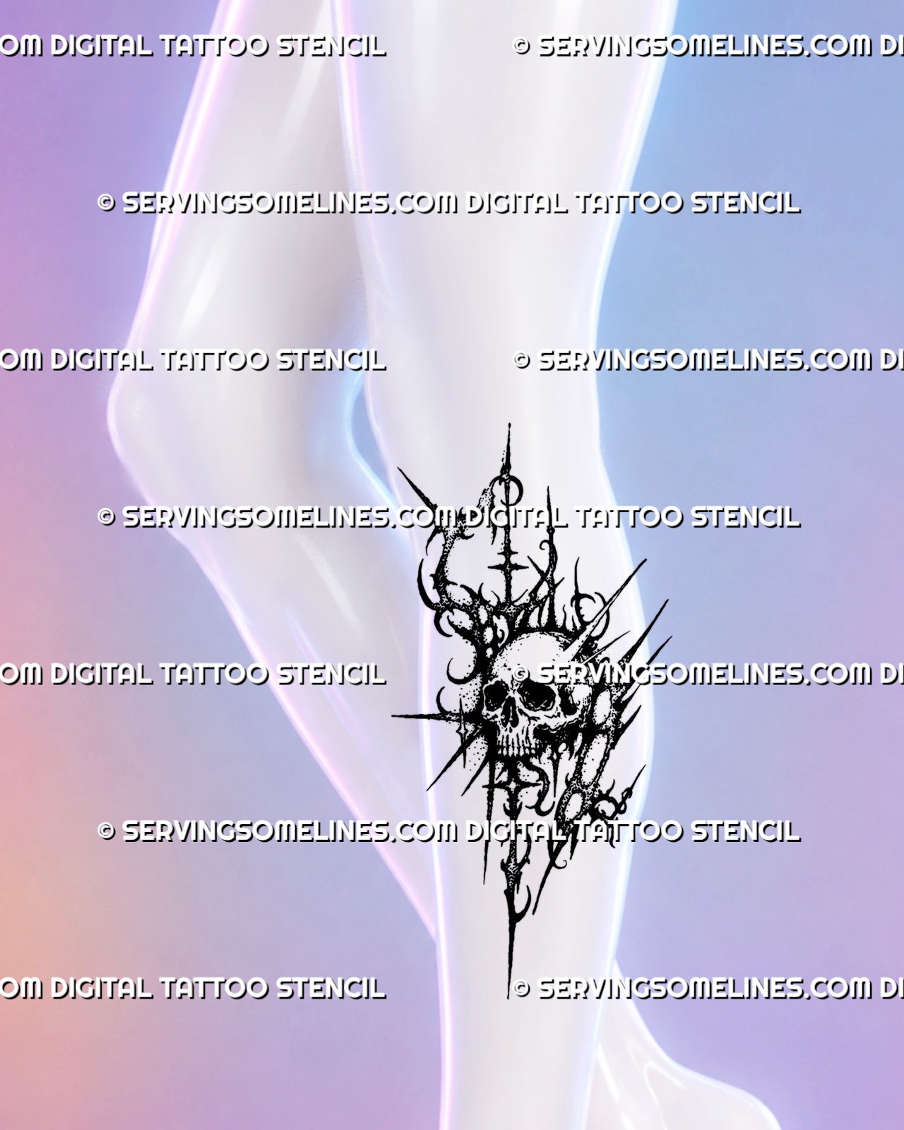 Dark art skull tattoo shown on the outer calf with gothic neotribal spikes, distressed stippling, elongated blackwork forms, and asymmetric sigilism details