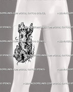 Dark castle tattoo stencil shown on men’s thigh with ruined medieval watchtower, damaged stone structure, exposed roots, and blackwork-style ruins detail