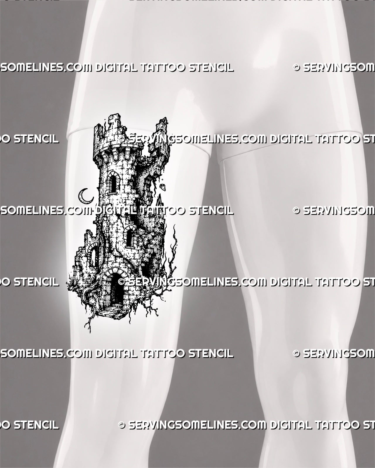 Dark castle tattoo stencil shown on men’s thigh with ruined medieval watchtower, damaged stone structure, exposed roots, and blackwork-style ruins detail