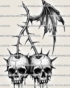 Dark cherry tattoo design with two skull cherries, thorny stems, torn wing-like leaf detail, and gothic stencil style.