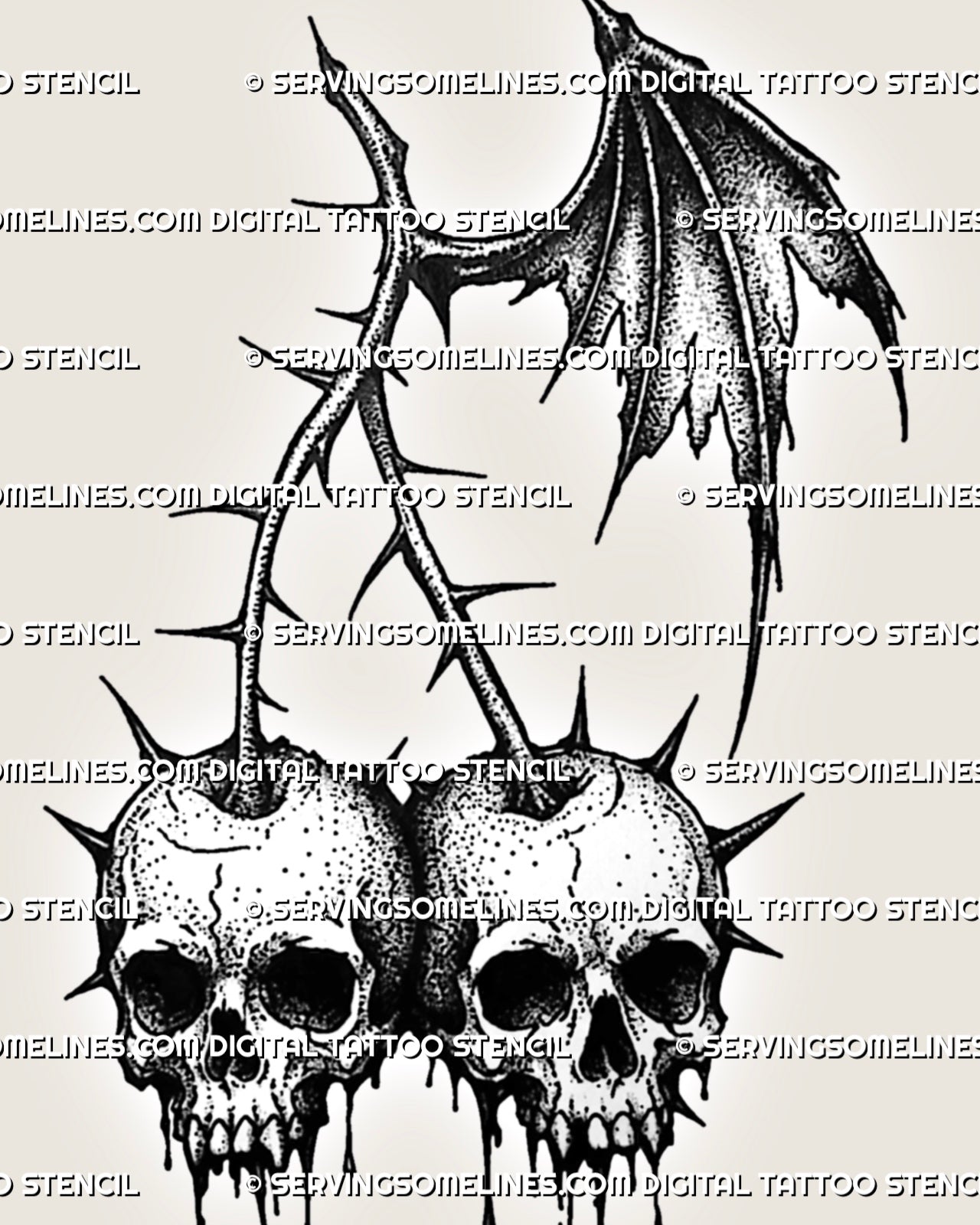 Dark cherry tattoo design with two skull cherries, thorny stems, torn wing-like leaf detail, and gothic stencil style.