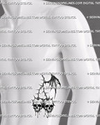Dark cherry tattoo stencil displayed on mens ribs with skull cherry details, dripping edges, and vertical gothic shape.