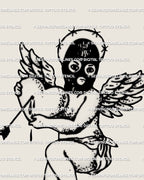 Close view of masked cupid tattoo stencil showing black mask, barbed halo, pierced heart, arrow, and small wing details
