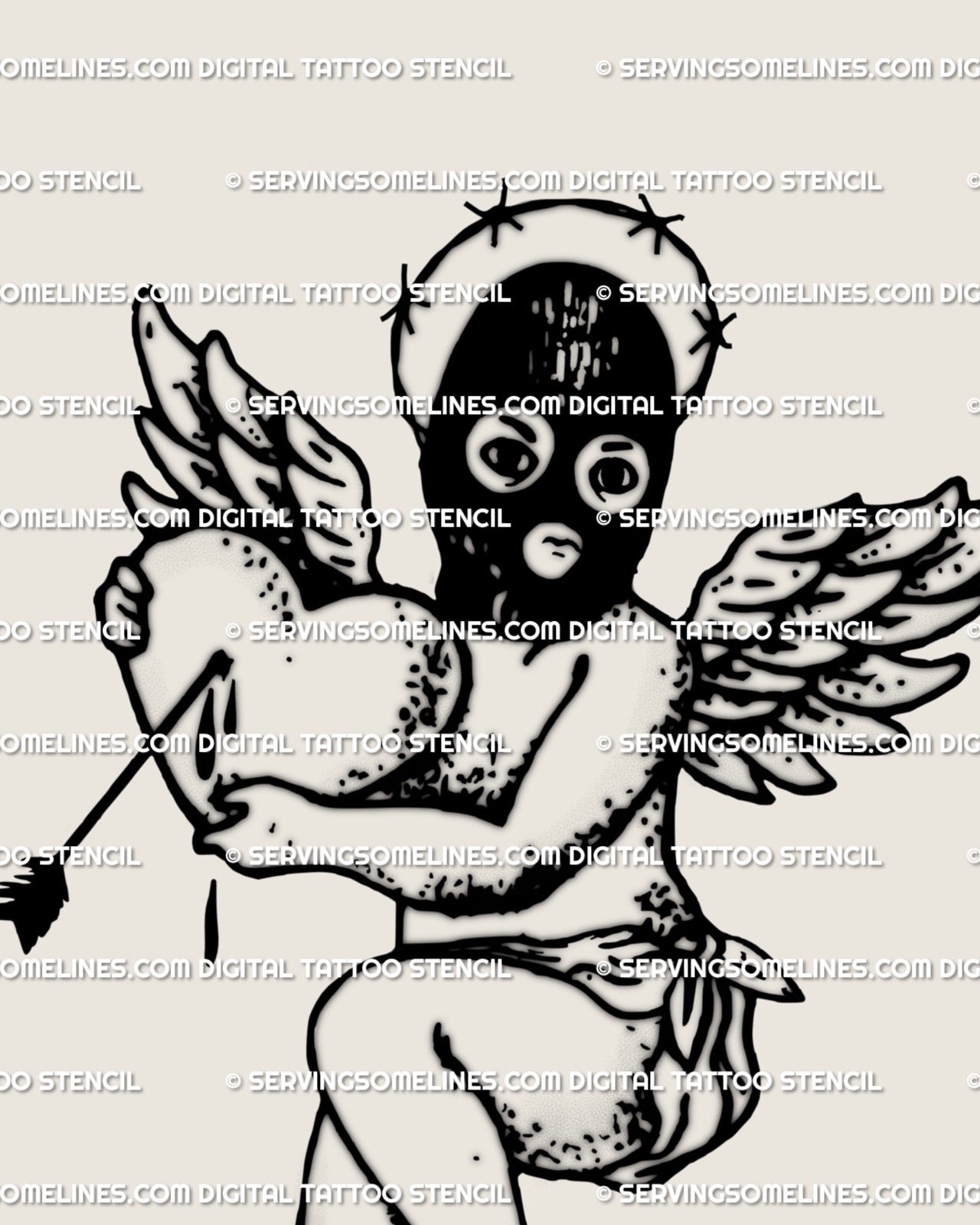 Close view of masked cupid tattoo stencil showing black mask, barbed halo, pierced heart, arrow, and small wing details