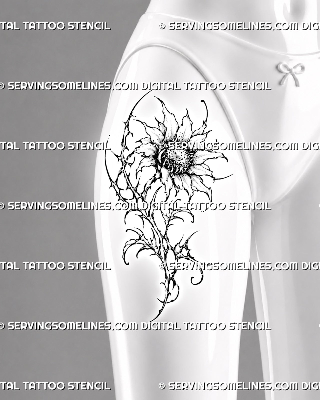 Dark cyber floral sunflower tattoo shown on a woman’s thigh with pointed petals, a thorned stem, abstract leaves, stippling, and gothic botanical details