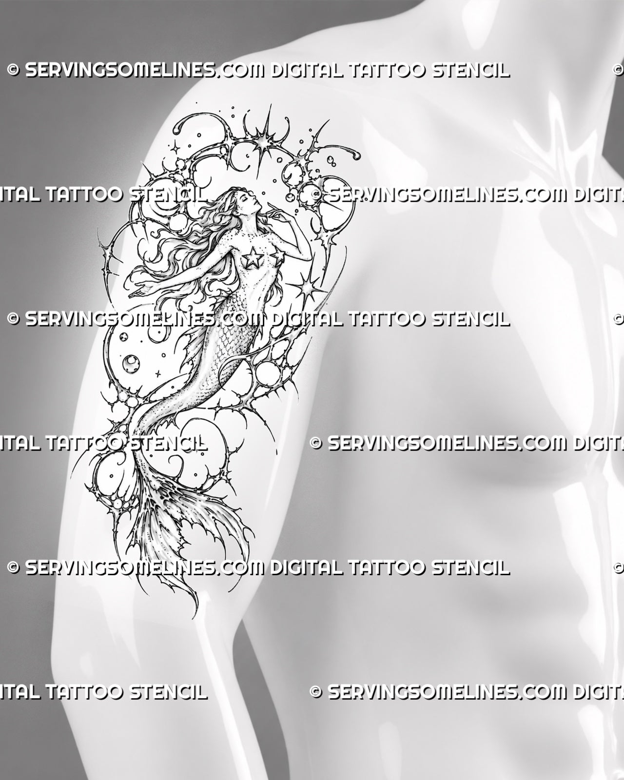Dark cyber mermaid tattoo stencil shown on men’s arm with full female figure, sweeping tail, detailed scales, starbursts, and sharp neotribal linework