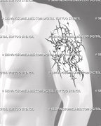 Dark cyber unicorn head tattoo stencil shown on men’s arm with defined facial detail, prominent spiral horn, layered mane, and sharp ornamental framing
