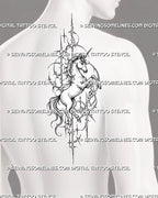 Dark cyber unicorn tattoo stencil shown on men’s shoulder with complete rearing body, flowing mane, raised legs, starbursts, crescents, and thorn-like framing