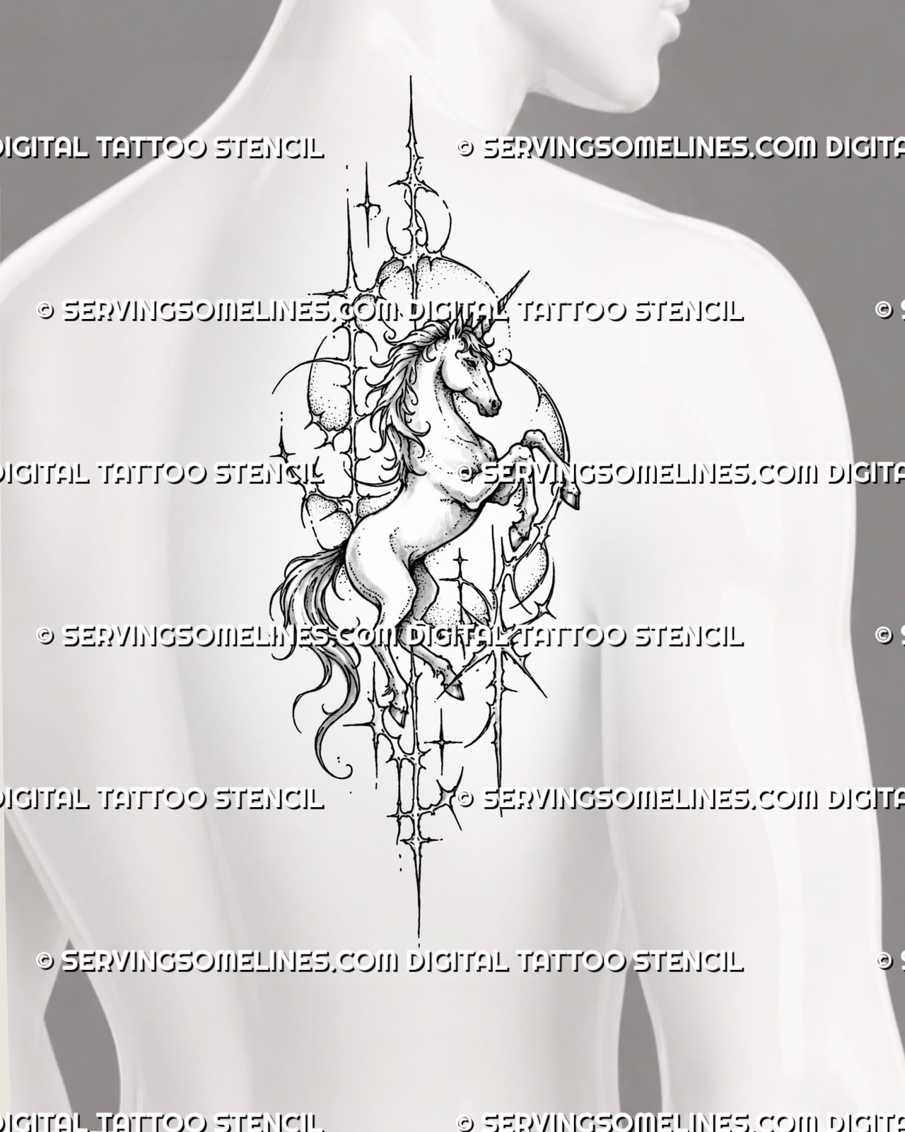 Dark cyber unicorn tattoo stencil shown on men’s shoulder with complete rearing body, flowing mane, raised legs, starbursts, crescents, and thorn-like framing