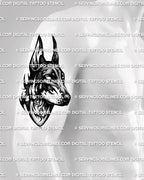 Dark Doberman tattoo design shown on mens upper arm placement, with pointed ears, neotribal lower shape, and dotted shading. 