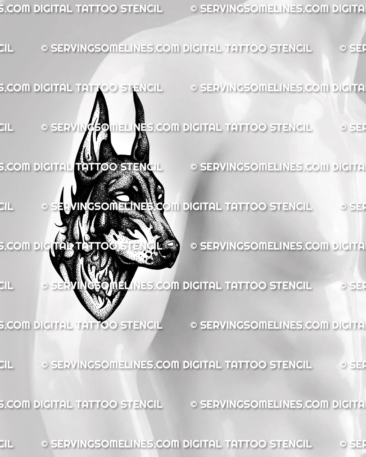 Dark Doberman tattoo design shown on mens upper arm placement, with pointed ears, neotribal lower shape, and dotted shading. 