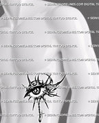 Dark eye tattoo stencil shown on men’s side stomach, with tribal curves, pointed edges, dotted texture, and chained drop accent.