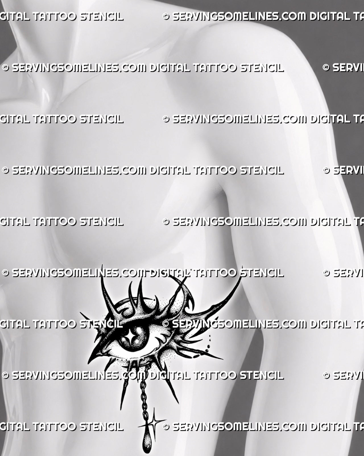 Dark eye tattoo stencil shown on men’s side stomach, with tribal curves, pointed edges, dotted texture, and chained drop accent.