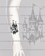Dark fantasy castle tattoo stencil shown on forearm with compact medieval castle shape, tower details, flags, and blackwork-style texture