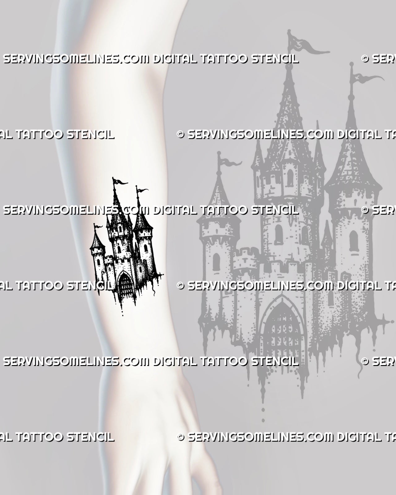 Dark fantasy castle tattoo stencil shown on forearm with compact medieval castle shape, tower details, flags, and blackwork-style texture