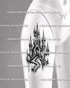 Dark fantasy castle tattoo stencil shown on women’s thigh with medieval towers, staircase detail, pointed arches, and blackwork contrast