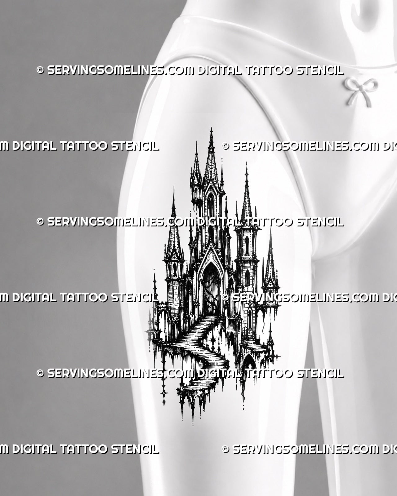 Dark fantasy castle tattoo stencil shown on women’s thigh with medieval towers, staircase detail, pointed arches, and blackwork contrast