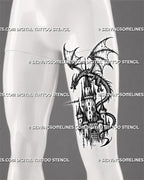 Dark fantasy dragon castle tattoo stencil shown on men’s thigh with winged dragon, medieval castle structure, gate detail, and blackwork texture