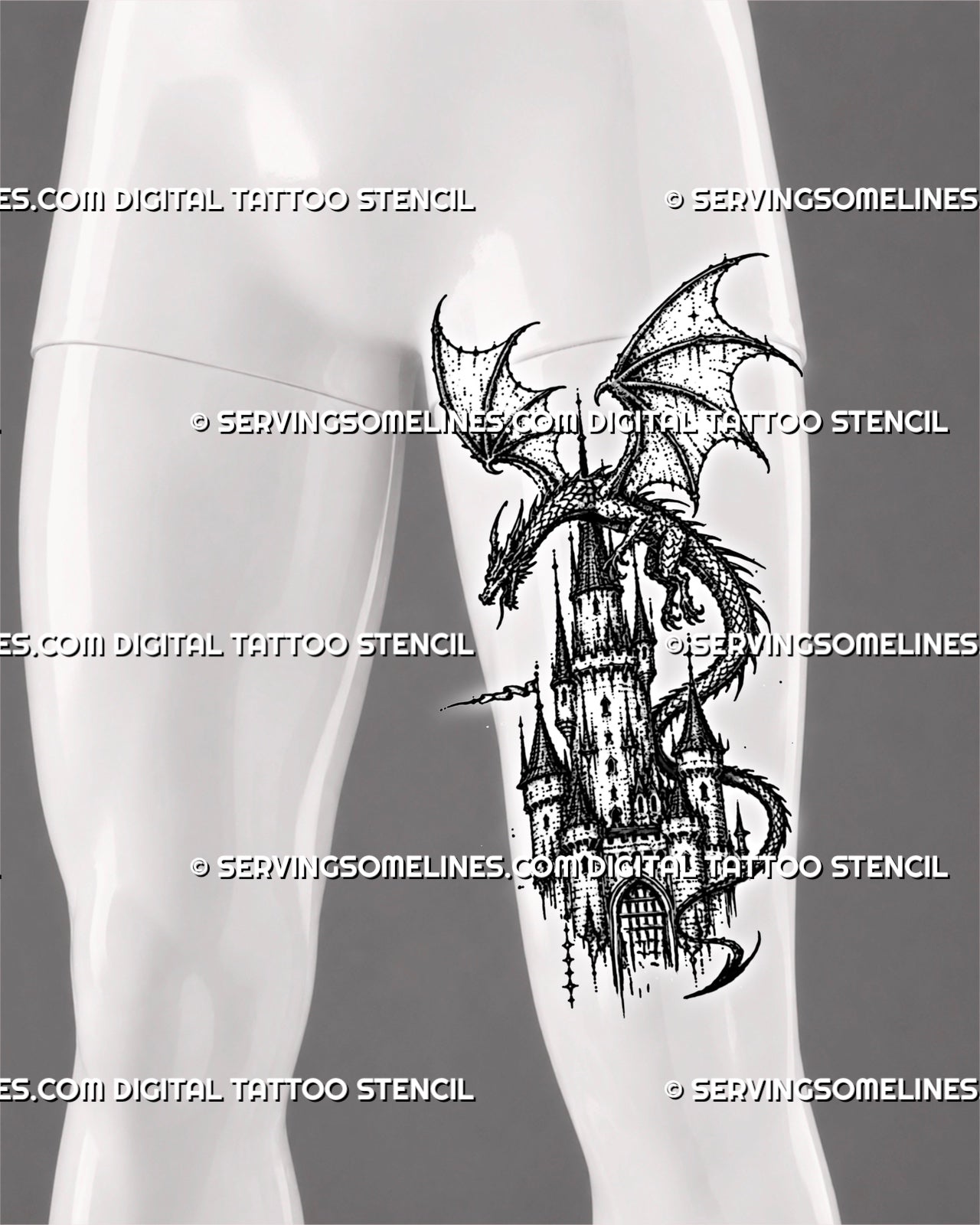 Dark fantasy dragon castle tattoo stencil shown on men’s thigh with winged dragon, medieval castle structure, gate detail, and blackwork texture