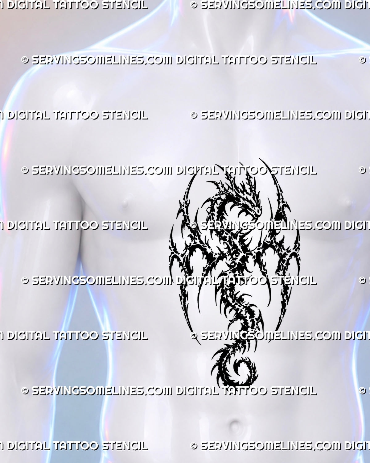 Dark fantasy dragon tattoo shown on a man’s center stomach with broad raised wings, vertical body, gothic blackwork, cyber tribal points, and curled tail