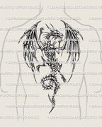 Dark fantasy dragon tattoo stencil for men, shown on back placement with wide wing spread, bone texture, climbing pose, and curled tail.