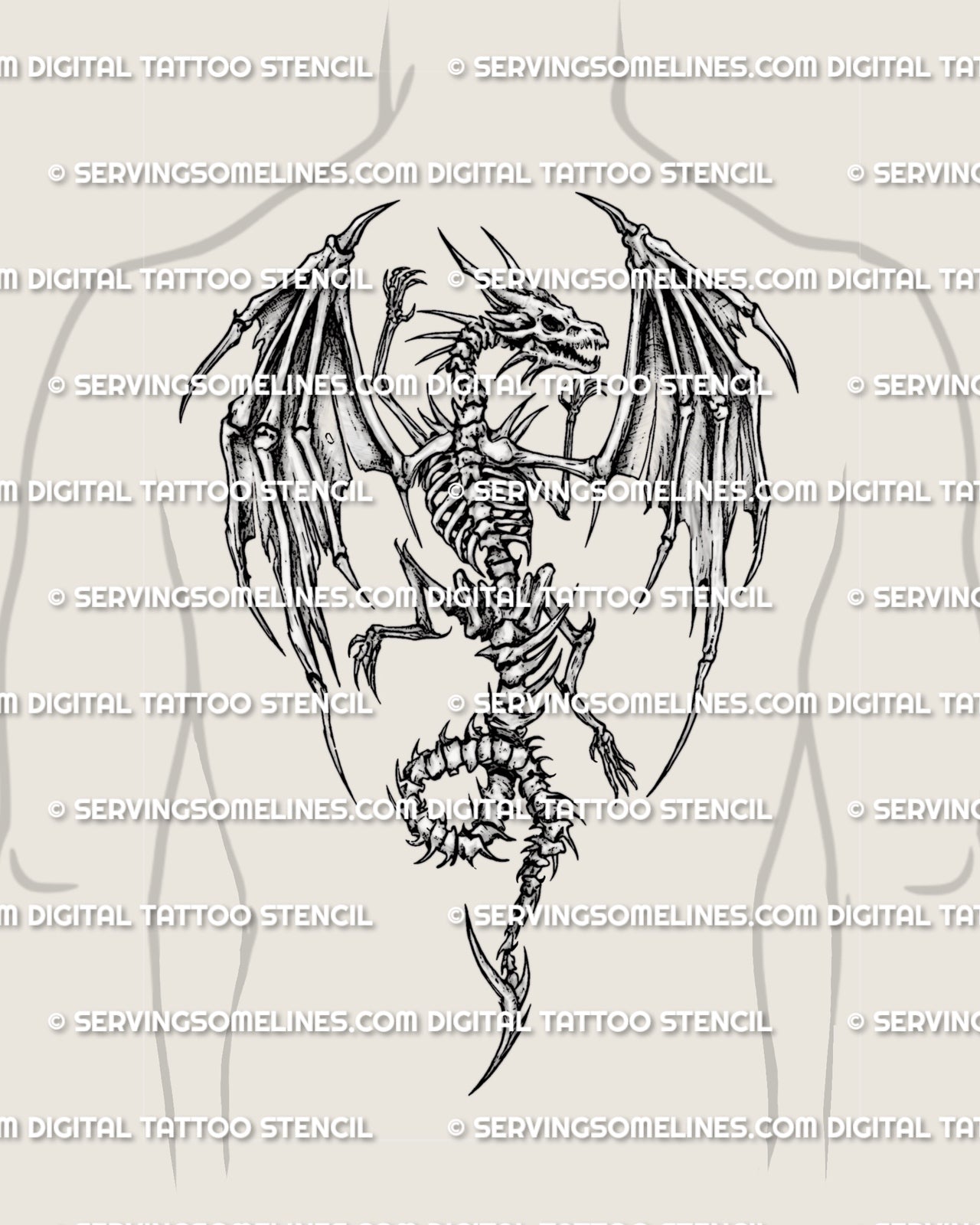 Dark fantasy dragon tattoo stencil for men, shown on back placement with wide wing spread, bone texture, climbing pose, and curled tail.