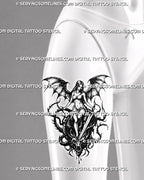Dark fantasy dragon tattoo stencil shown on women’s thigh with winged female warrior, sword, and slain dragon head