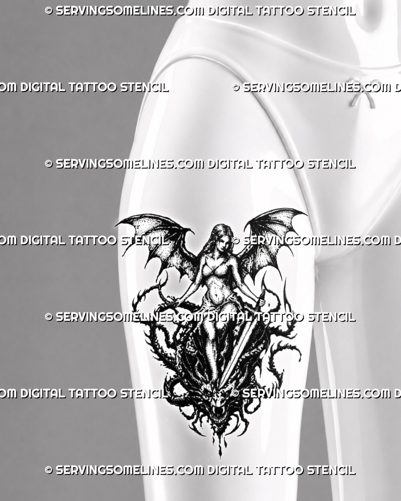 Dark fantasy dragon tattoo stencil shown on women’s thigh with winged female warrior, sword, and slain dragon head