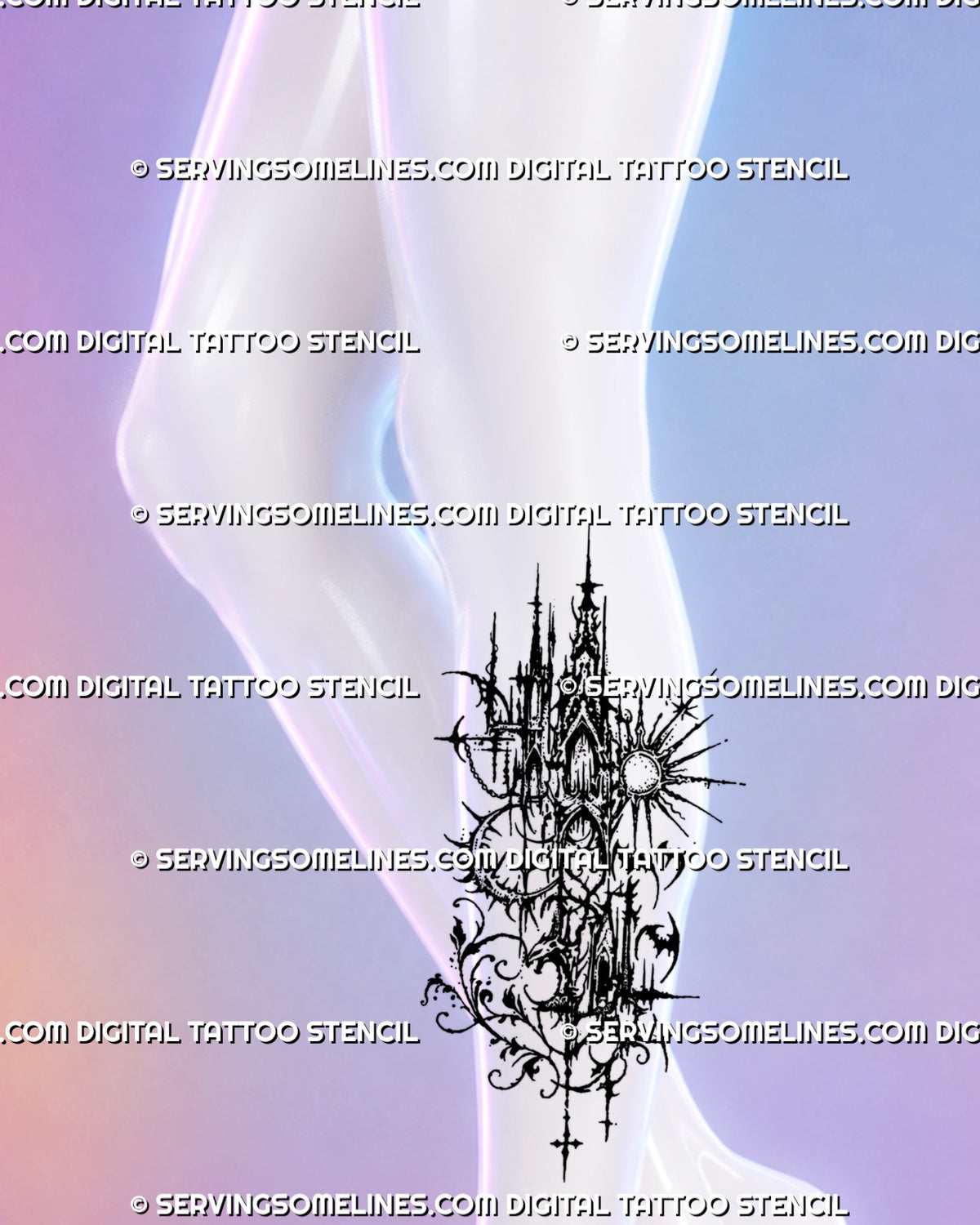 Calf placement preview of a dark-fantasy gothic architecture tattoo, with tall fragmented spires, sun and moon motifs, bats and sweeping ornamental lines.  