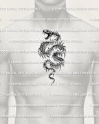 Dark fantasy snake tattoo shown on men’s chest center placement with skeletal body detail, open jaw, and sharp vertical shape.