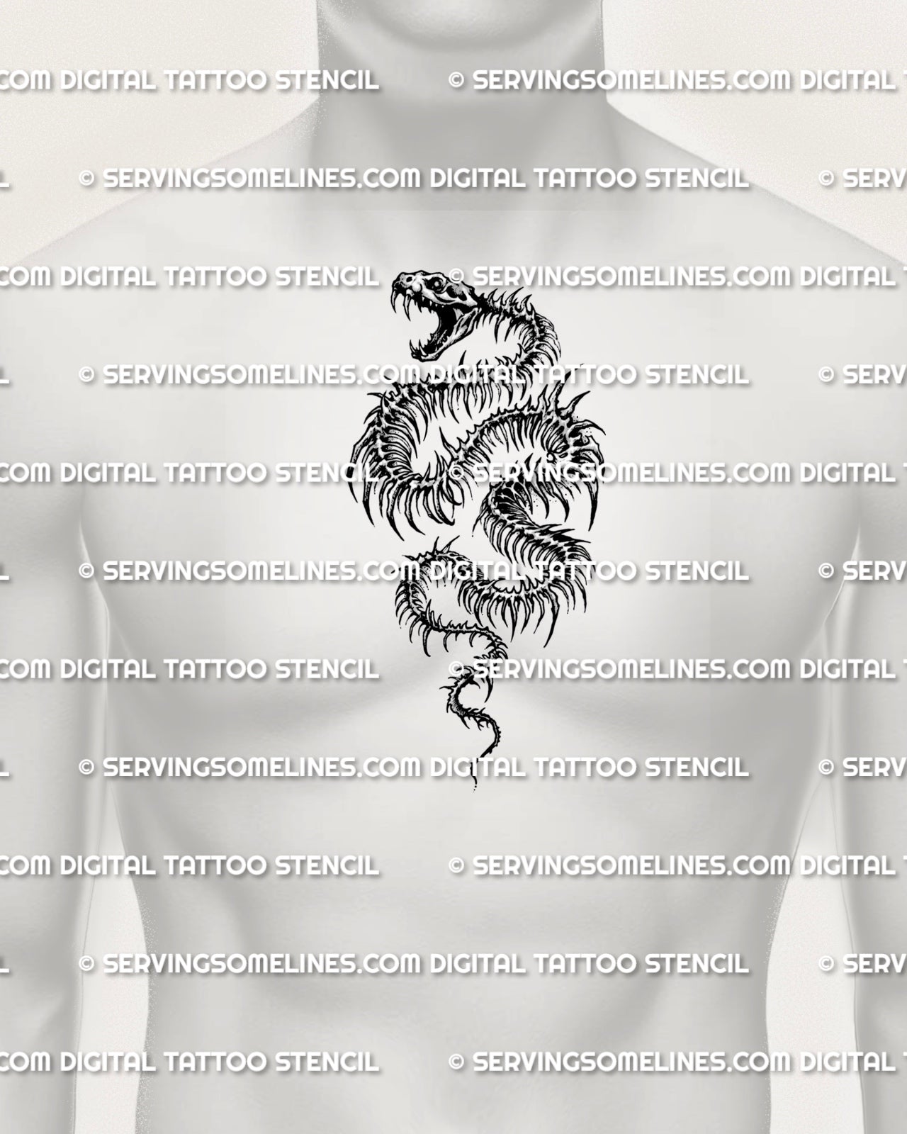 Dark fantasy snake tattoo shown on men’s chest center placement with skeletal body detail, open jaw, and sharp vertical shape.