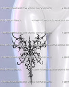 Thigh placement preview on a woman, showing a gothic fantasy sword tattoo with wing-like scrollwork, star accents and a slender pointed blade.
