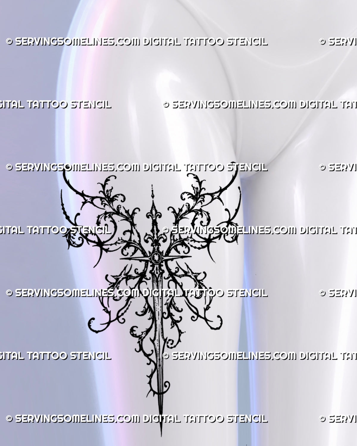 Thigh placement preview on a woman, showing a gothic fantasy sword tattoo with wing-like scrollwork, star accents and a slender pointed blade.