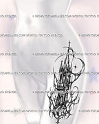 Dark fantasy tower tattoo stencil shown on women’s hip with cybersigilism cathedral spire, gothic arch details, cross accents, and curved sigil linework