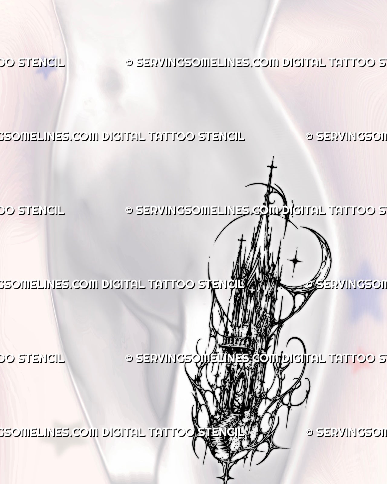 Dark fantasy tower tattoo stencil shown on women’s hip with cybersigilism cathedral spire, gothic arch details, cross accents, and curved sigil linework