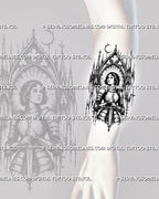 Dark female knight sword tattoo stencil shown on forearm with gothic arch framing, medieval armor, halo rays, and vertical tattoo-ready composition