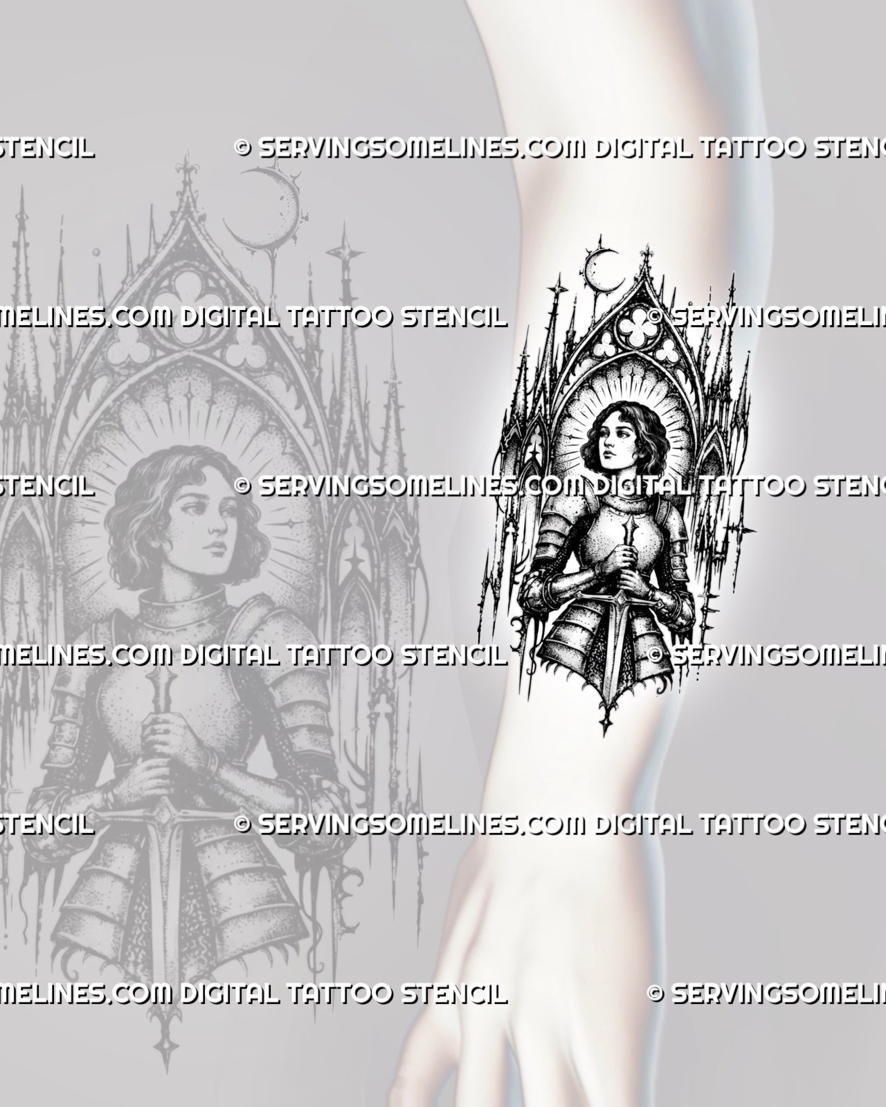 Dark female knight sword tattoo stencil shown on forearm with gothic arch framing, medieval armor, halo rays, and vertical tattoo-ready composition