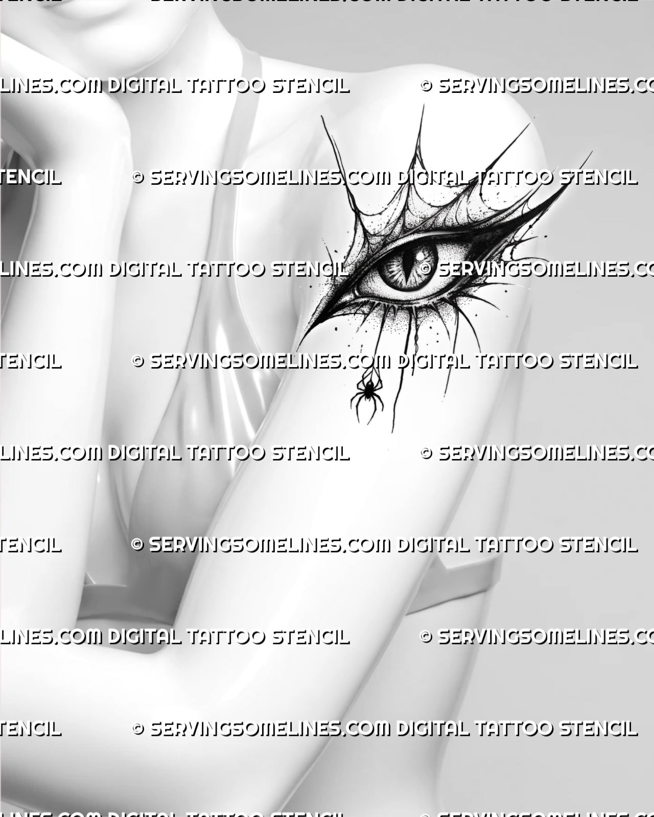Dark feminine eye tattoo on women’s upper arm, with sharp winged eyelid points, spiderweb lines, and small hanging spider.