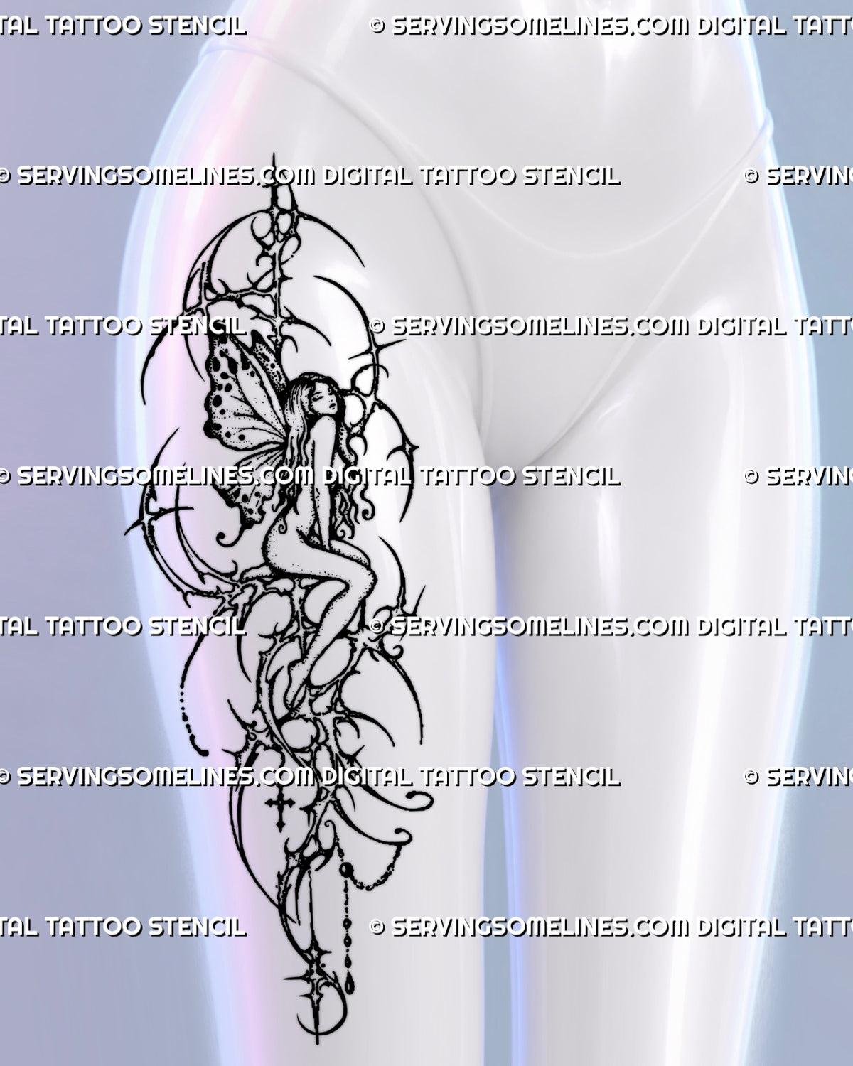 Thigh tattoo placement preview on a woman, showing a seated fairy with patterned wings, flowing hair, a hanging cross and beaded details.  
