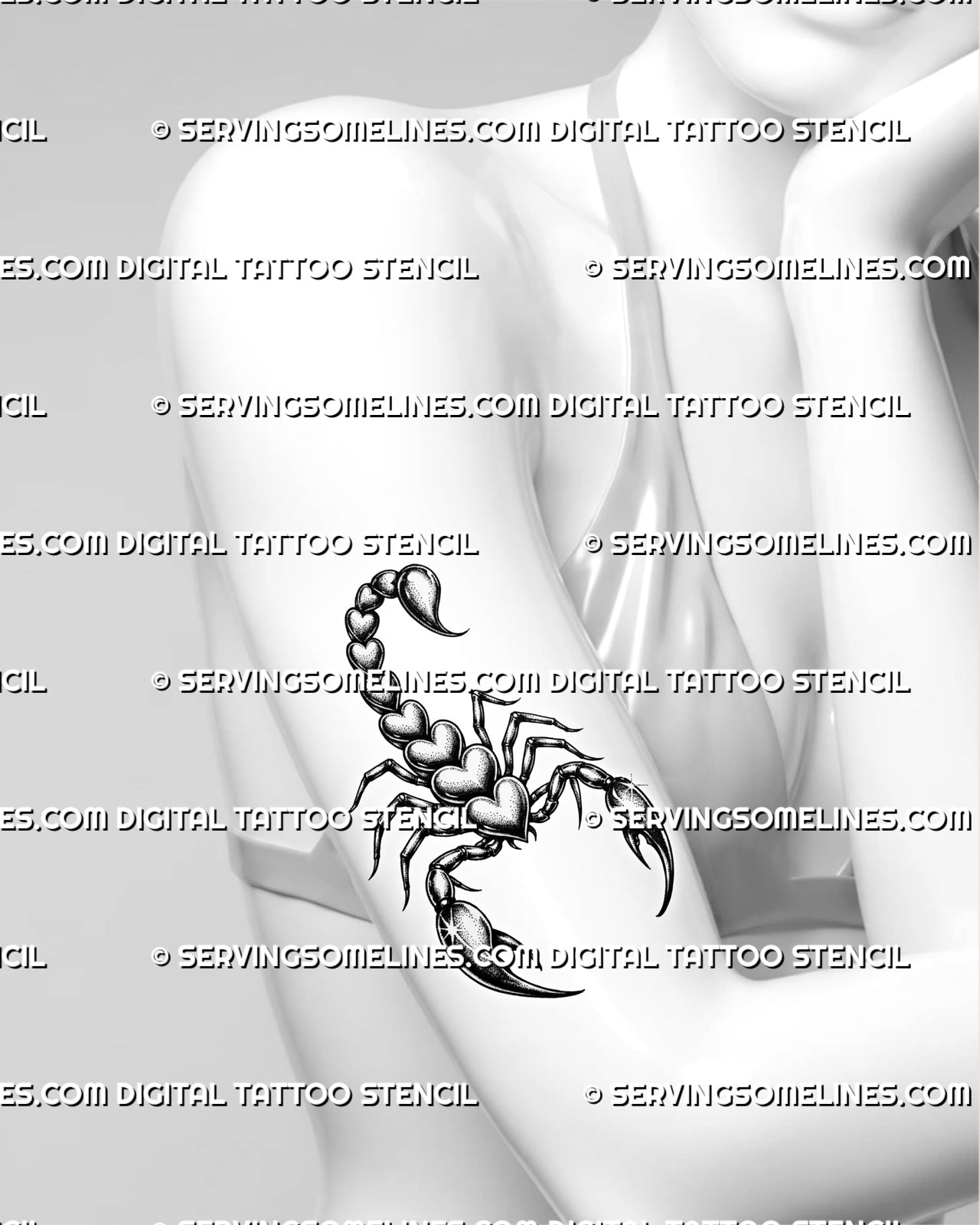 Dark feminine scorpion design shown on women’s arm, with sharp claws, curved legs, stacked hearts, and clean stencil contrast