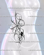 Dark feminine spider and web tattoo shown on a woman’s side stomach with an elongated thorn-like web, black spider, stars, and gothic grunge details