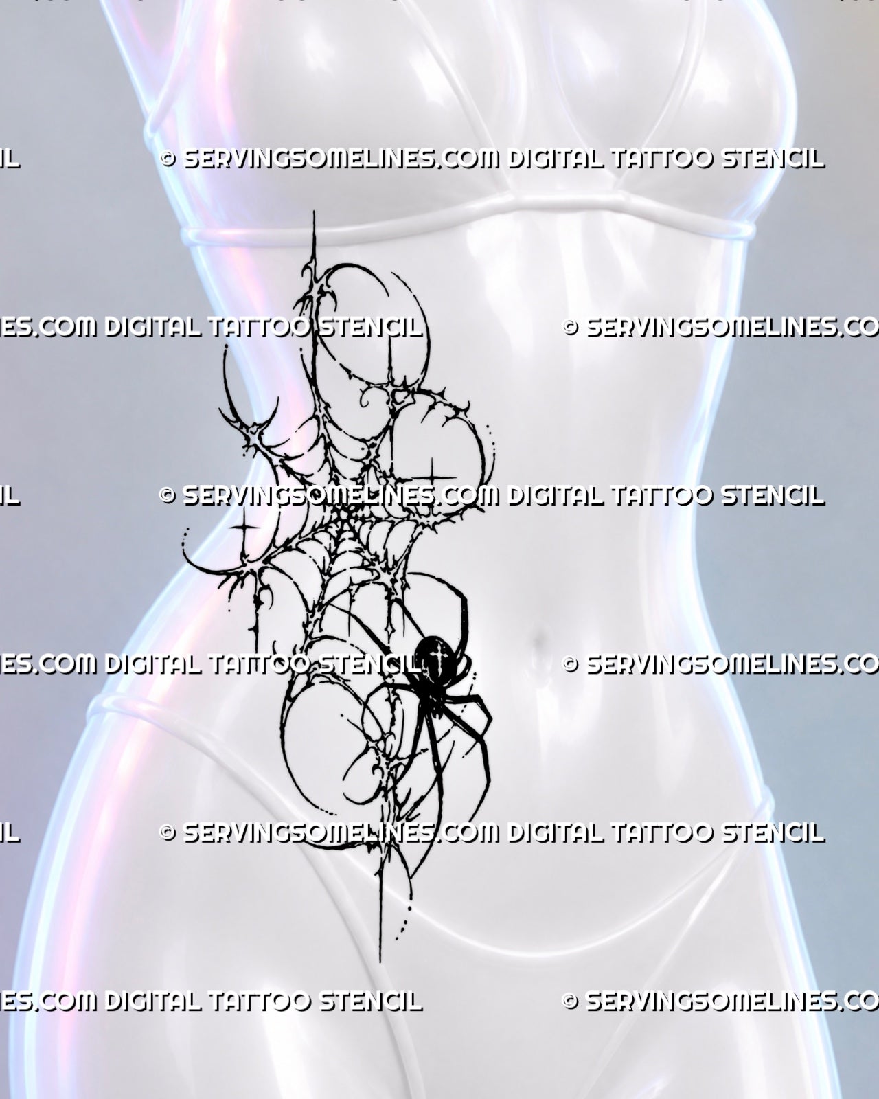 Dark feminine spider and web tattoo shown on a woman’s side stomach with an elongated thorn-like web, black spider, stars, and gothic grunge details