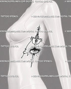 Dark feminine sword through eye tattoo shown on a woman’s ribs with long lashes, celestial sparkles, crescent moon chain, star, and teardrop charm