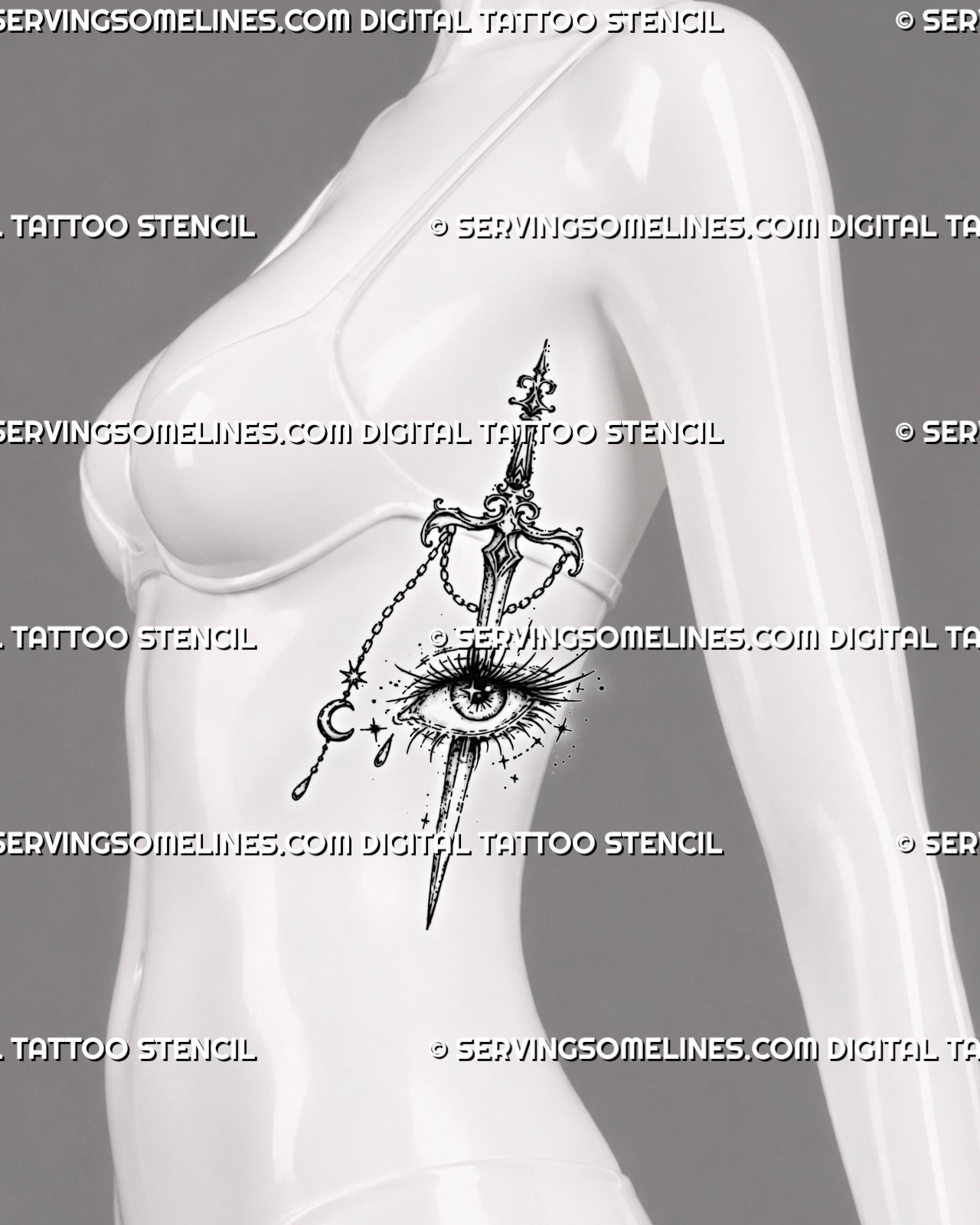 Dark feminine sword through eye tattoo shown on a woman’s ribs with long lashes, celestial sparkles, crescent moon chain, star, and teardrop charm