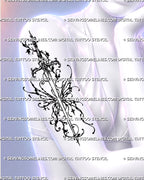 Dark feminine sword tattoo shown on a woman’s upper arm with ornamental fantasy wings, botanical scrolls, delicate dotwork, black ink fragments, and a hanging charm