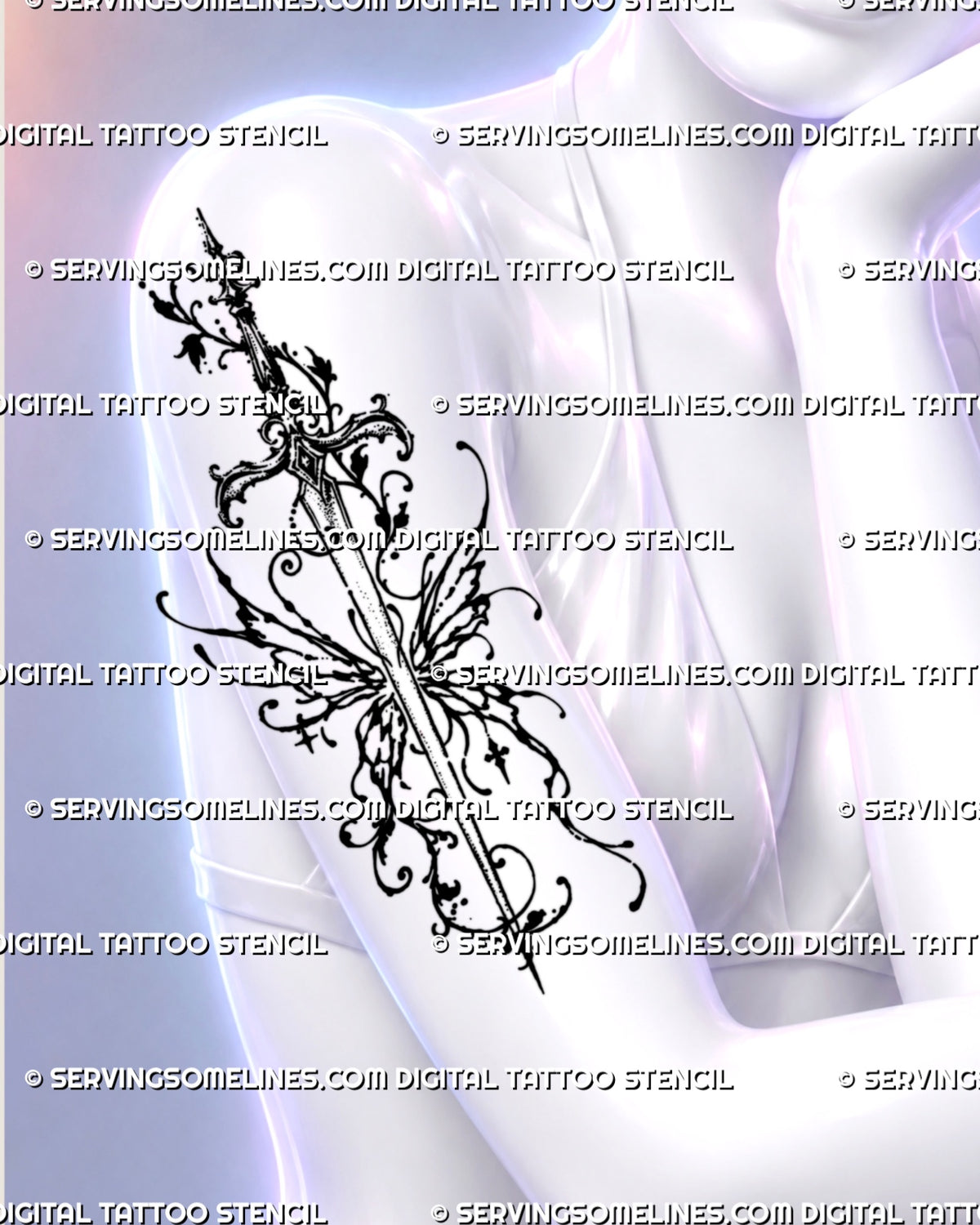 Dark feminine sword tattoo shown on a woman’s upper arm with ornamental fantasy wings, botanical scrolls, delicate dotwork, black ink fragments, and a hanging charm