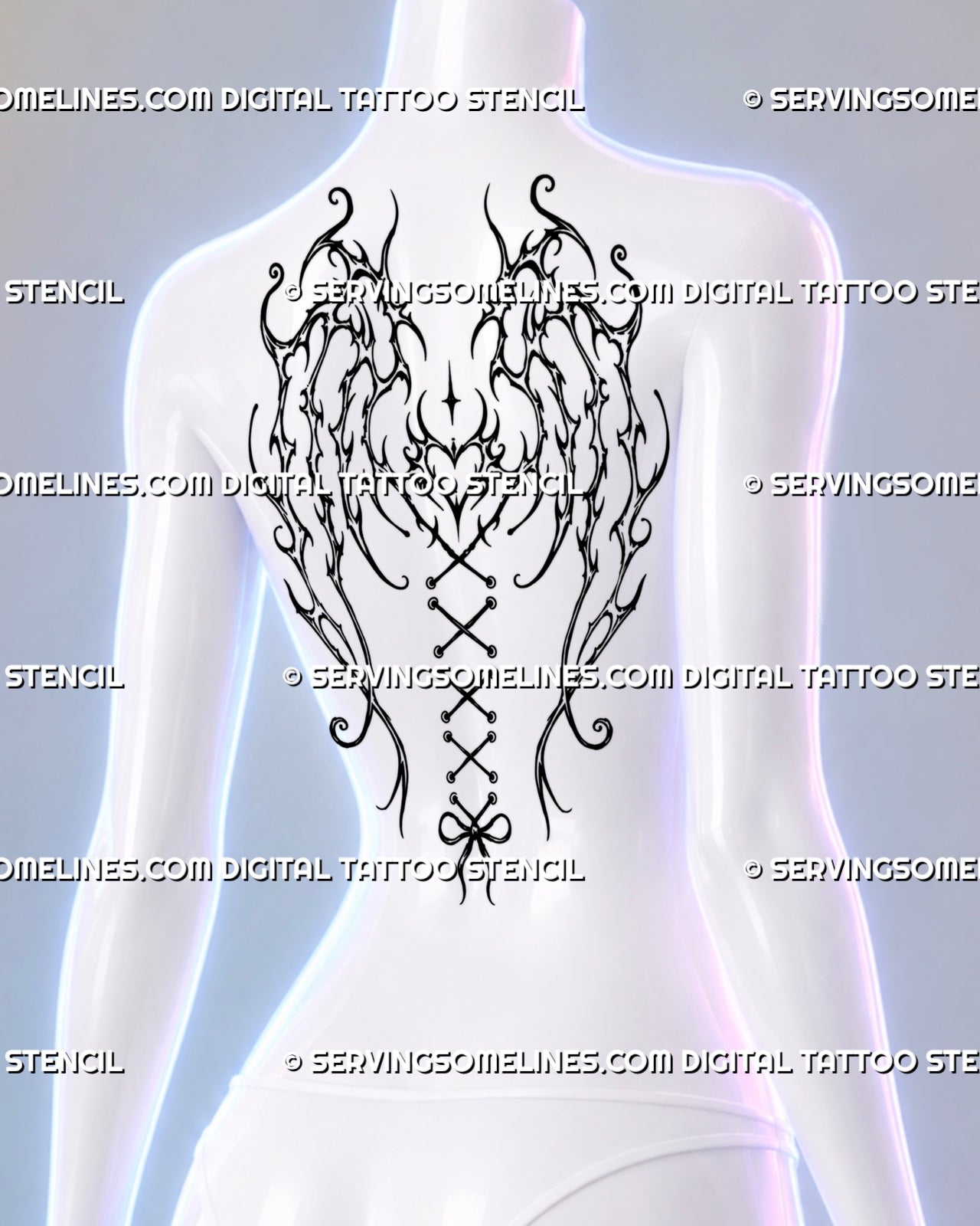 Dark feminine gothic wings tattoo shown from a female side view with shoulder-blade framing, thorn-like fantasy wings, heart center, and lace-up spine detail