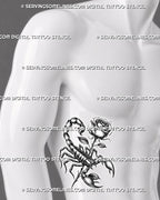 Dark floral scorpion tattoo displayed on men's ribs, with rose detail, raised tail, sharp claws, and blackwork contrast