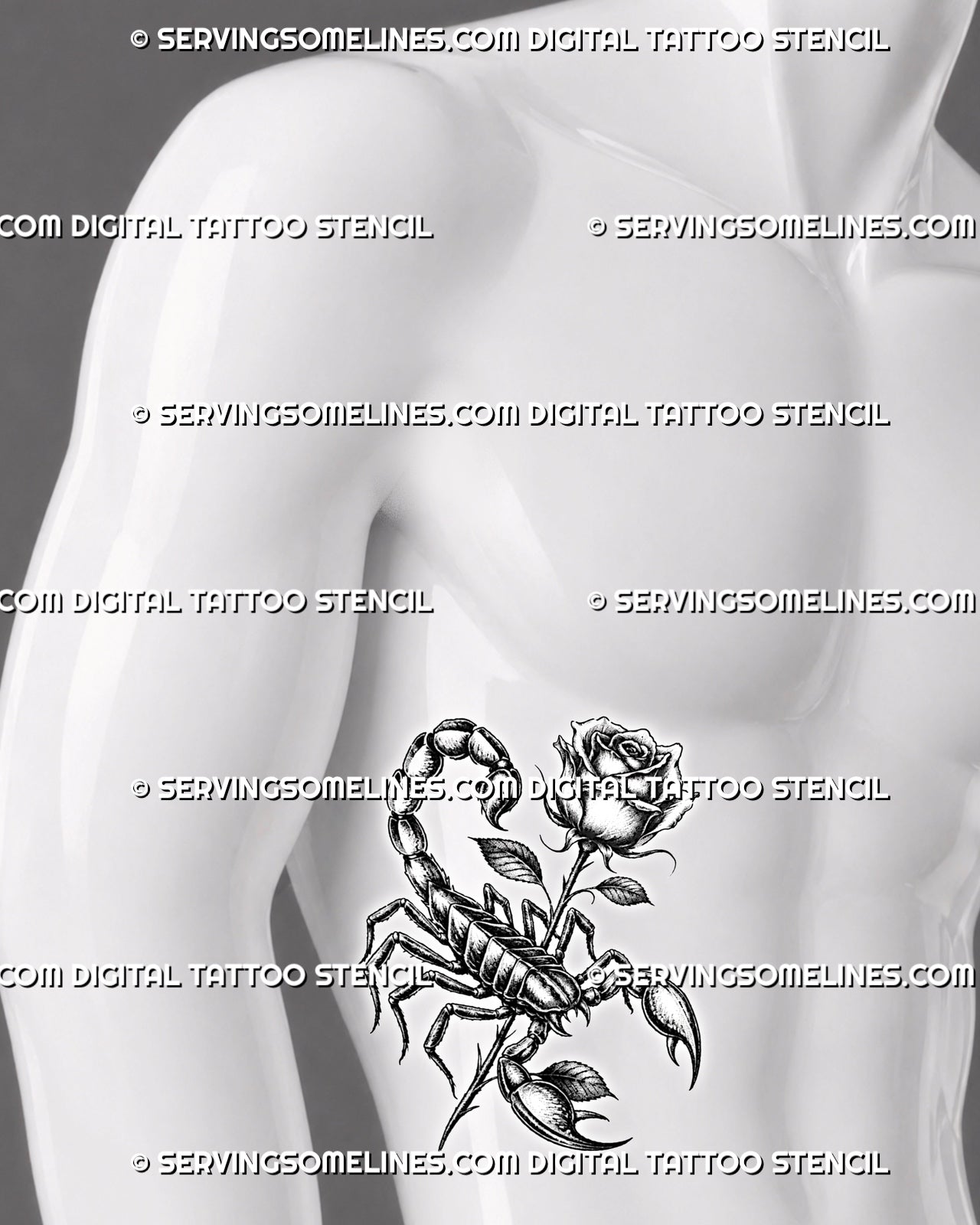 Dark floral scorpion tattoo displayed on men's ribs, with rose detail, raised tail, sharp claws, and blackwork contrast