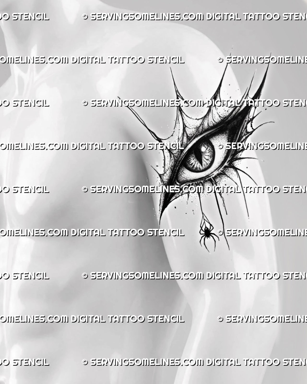 Gothic eye tattoo preview on men’s upper arm, with spiderweb frame, scratch-like texture, sharp lashes, and hanging spider.